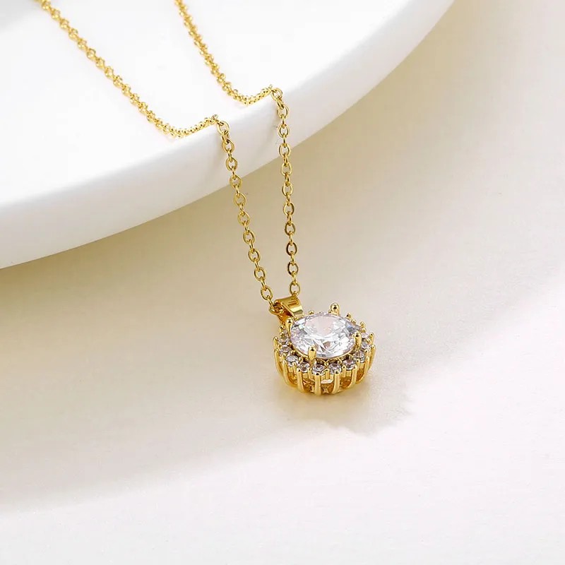 Elegant Round Flower Stainless Steel Plating Inlay Zircon 18K Gold Plated Pendant Necklace_colorza_1