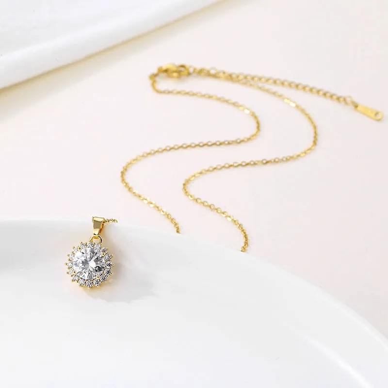 Elegant Round Flower Stainless Steel Plating Inlay Zircon 18K Gold Plated Pendant Necklace_colorza_2