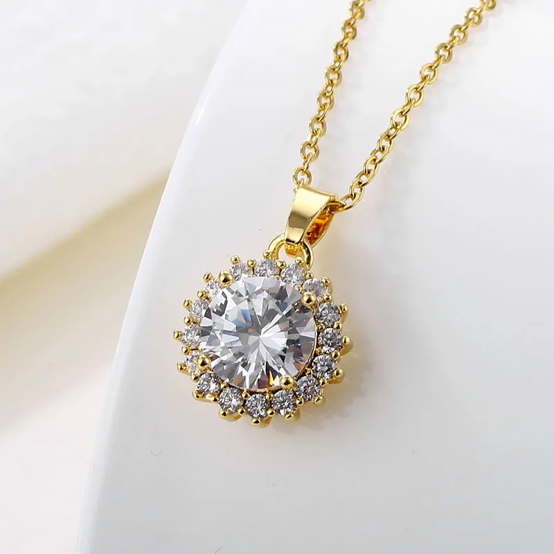 Elegant Round Flower Stainless Steel Plating Inlay Zircon 18K Gold Plated Pendant Necklace_colorza_3