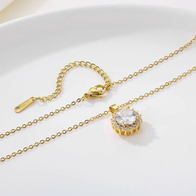 Elegant Round Flower Stainless Steel Plating Inlay Zircon 18K Gold Plated Pendant Necklace_colorza_4