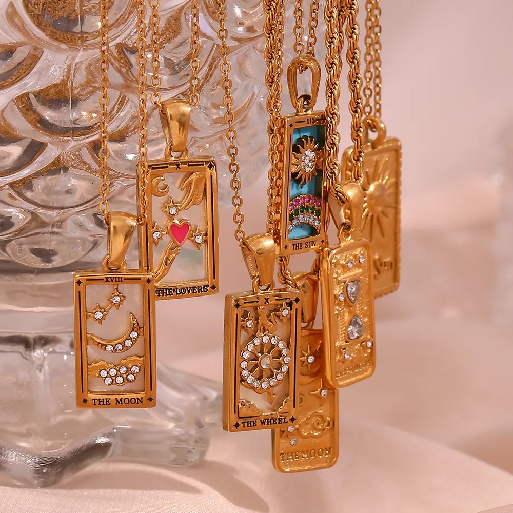 Vintage Style Star Rectangle Stainless Steel Plating Inlay Rhinestones Zircon 18K Gold Plated Pendant Necklace_colorza_1