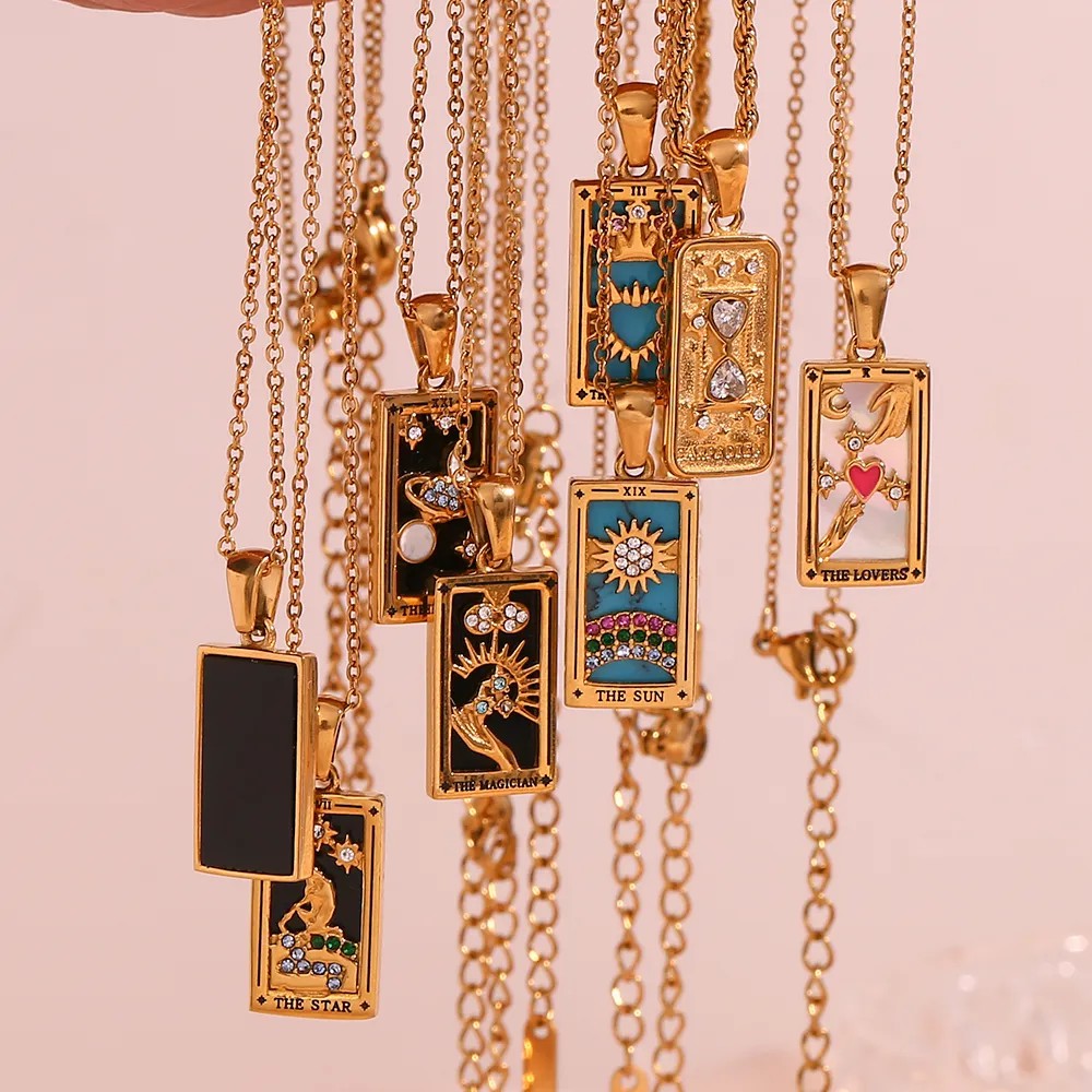 Vintage Style Star Rectangle Stainless Steel Plating Inlay Rhinestones Zircon 18K Gold Plated Pendant Necklace_colorza_4