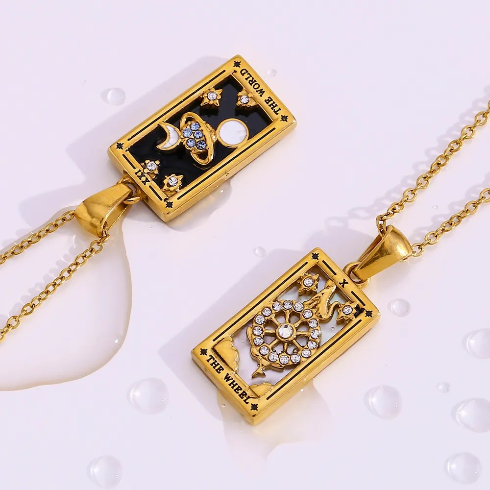 Vintage Style Star Rectangle Stainless Steel Plating Inlay Rhinestones Zircon 18K Gold Plated Pendant Necklace_colorza_6