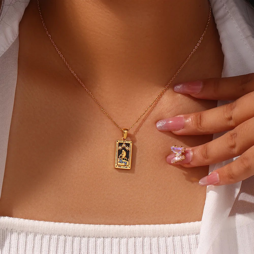 Vintage Style Star Rectangle Stainless Steel Plating Inlay Rhinestones Zircon 18K Gold Plated Pendant Necklace_colorza_14