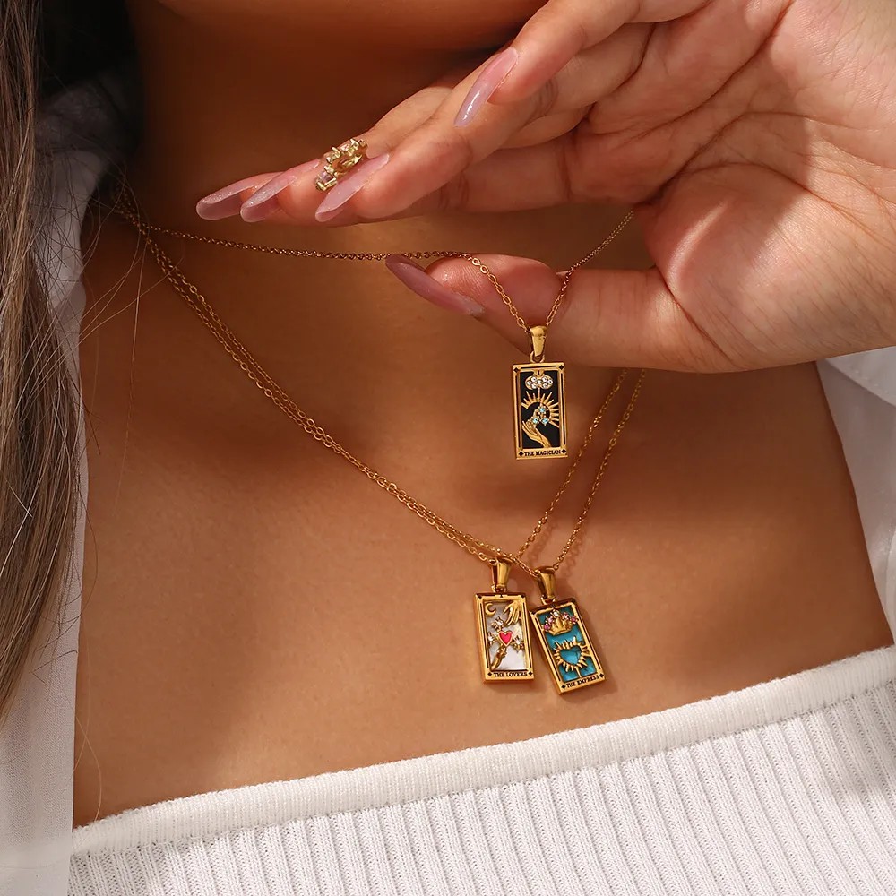 Vintage Style Star Rectangle Stainless Steel Plating Inlay Rhinestones Zircon 18K Gold Plated Pendant Necklace_colorza_15