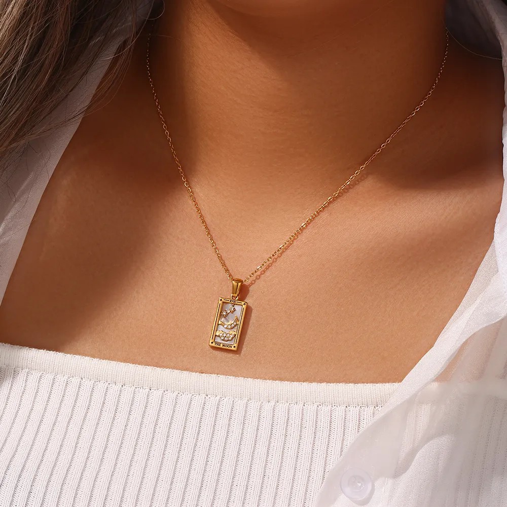 Vintage Style Star Rectangle Stainless Steel Plating Inlay Rhinestones Zircon 18K Gold Plated Pendant Necklace_colorza_16