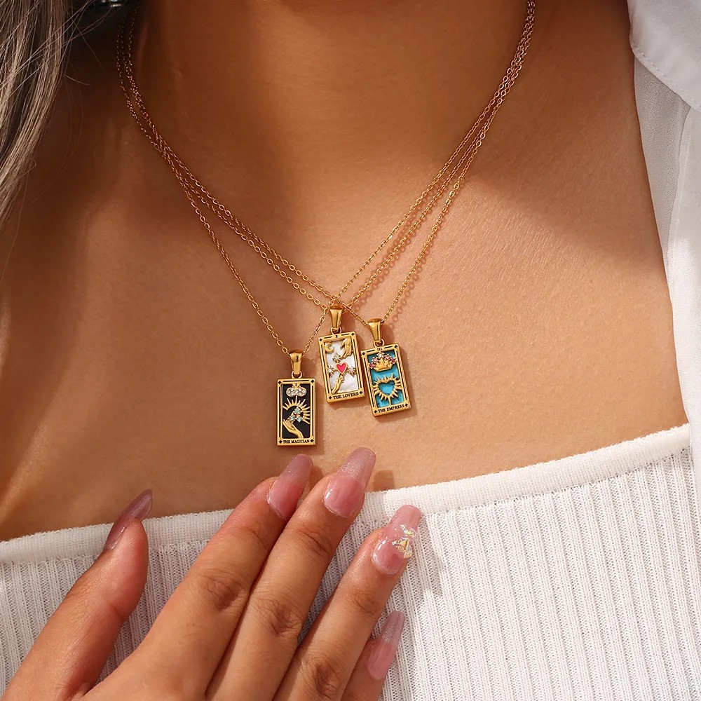 Vintage Style Star Rectangle Stainless Steel Plating Inlay Rhinestones Zircon 18K Gold Plated Pendant Necklace_colorza_17