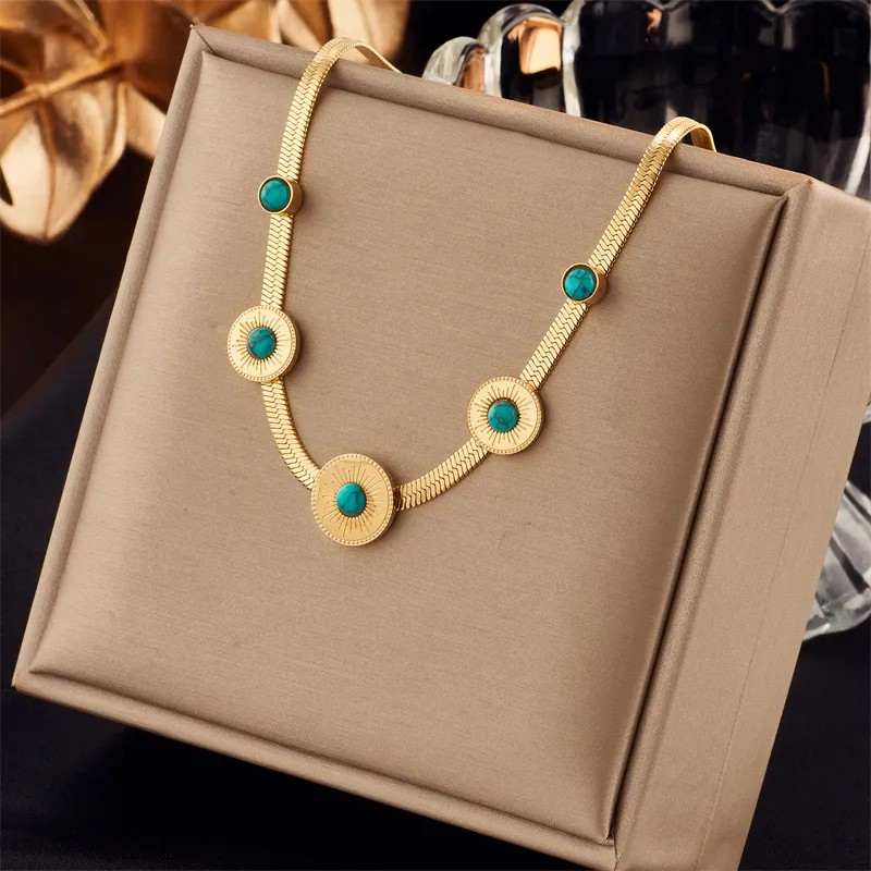 Retro Round Titanium Steel Enamel Plating Inlay Turquoise 18K Gold Plated Necklace_colorza_1