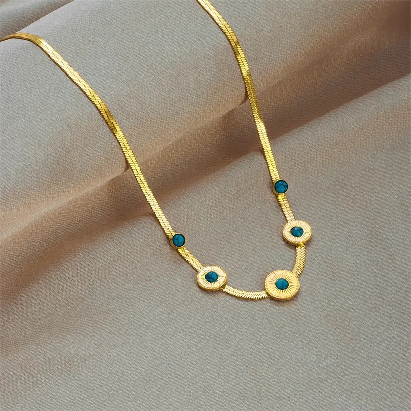 Retro Round Titanium Steel Enamel Plating Inlay Turquoise 18K Gold Plated Necklace_colorza_2