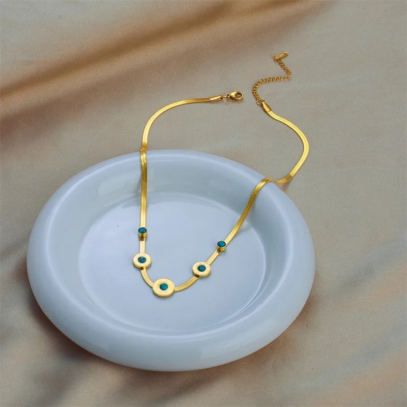 Retro Round Titanium Steel Enamel Plating Inlay Turquoise 18K Gold Plated Necklace_colorza_3
