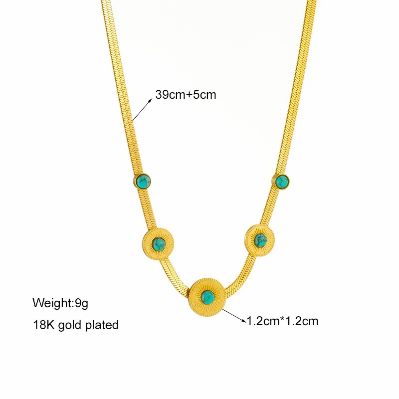Retro Round Titanium Steel Enamel Plating Inlay Turquoise 18K Gold Plated Necklace_colorza_4