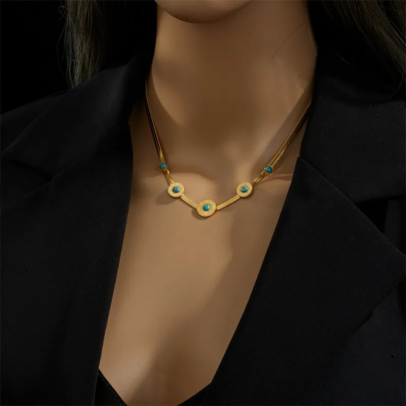 Retro Round Titanium Steel Enamel Plating Inlay Turquoise 18K Gold Plated Necklace_colorza_5