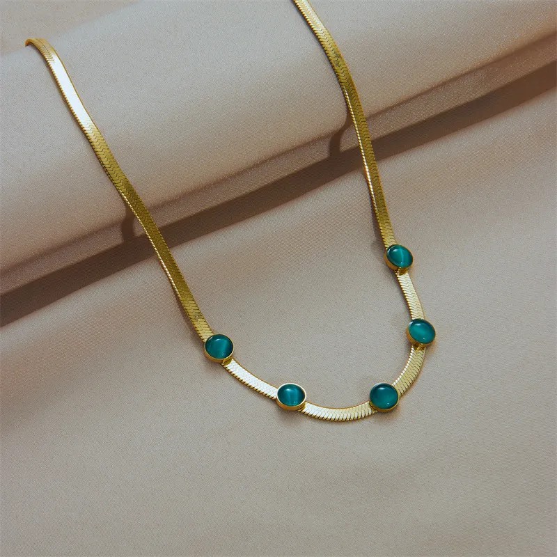 Casual Round Titanium Steel Epoxy Plating Inlay Opal 18K Gold Plated Necklace_colorza_2