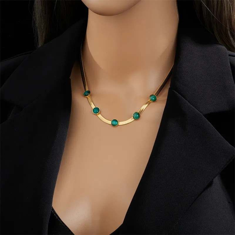 Casual Round Titanium Steel Epoxy Plating Inlay Opal 18K Gold Plated Necklace_colorza_5