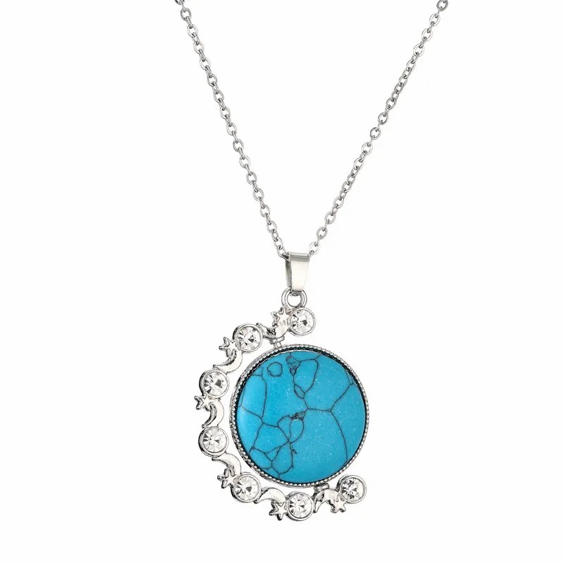 Ethnic Style Round Stainless Steel Plating Inlay Natural Stone Pendant Necklace_colorza_5