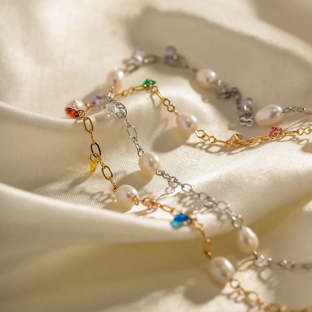 INS Style Geometric Stainless Steel Inlay Freshwater Pearl Zircon Gold Plated Necklace_colorza_2