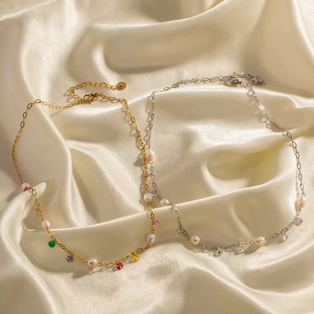 INS Style Geometric Stainless Steel Inlay Freshwater Pearl Zircon Gold Plated Necklace_colorza_3