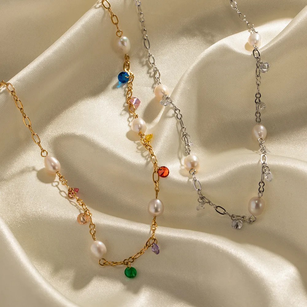 INS Style Geometric Stainless Steel Inlay Freshwater Pearl Zircon Gold Plated Necklace_colorza_4