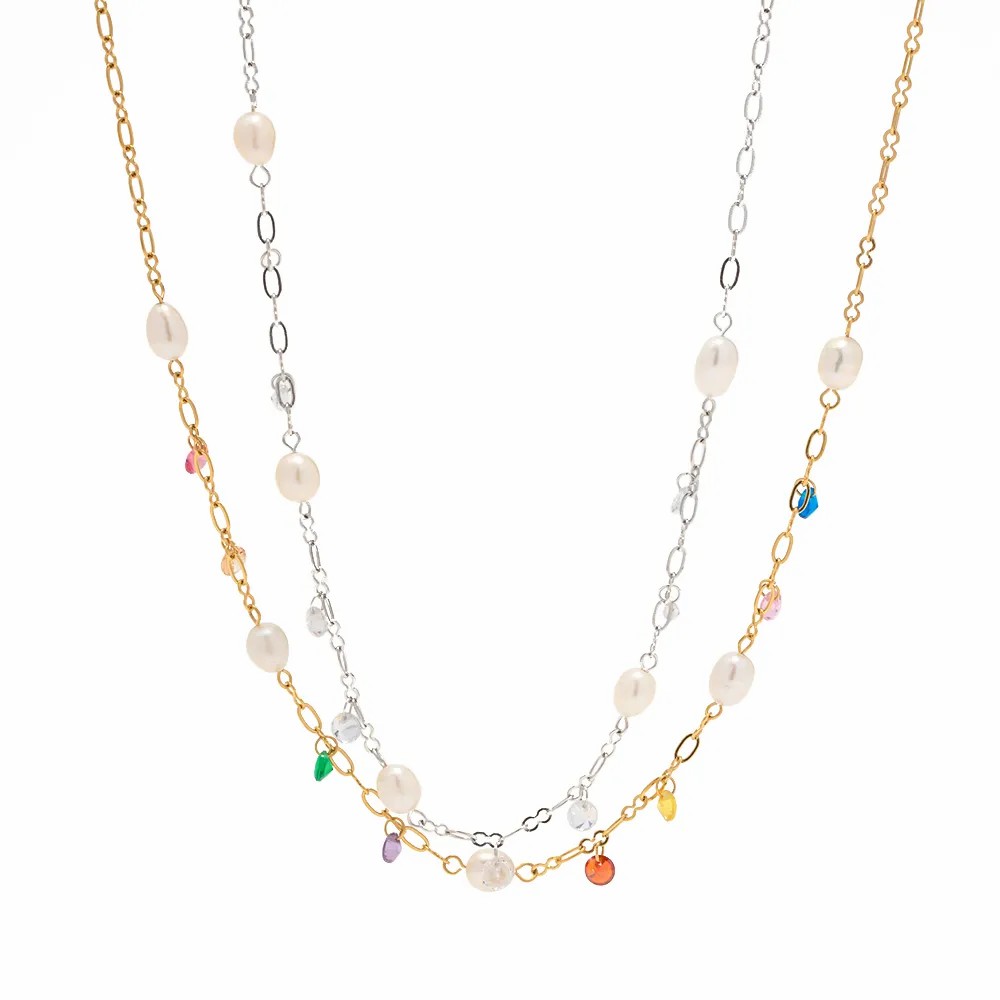 INS Style Geometric Stainless Steel Inlay Freshwater Pearl Zircon Gold Plated Necklace_colorza_6