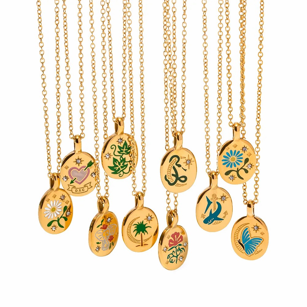 INS Style Coconut Tree Flower Butterfly Stainless Steel Enamel Plating Inlay Rhinestones 18K Gold Plated Pendant Necklace_colorza_1