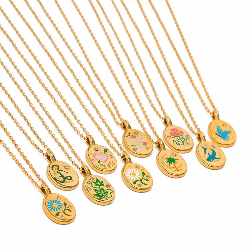 INS Style Coconut Tree Flower Butterfly Stainless Steel Enamel Plating Inlay Rhinestones 18K Gold Plated Pendant Necklace_colorza_2