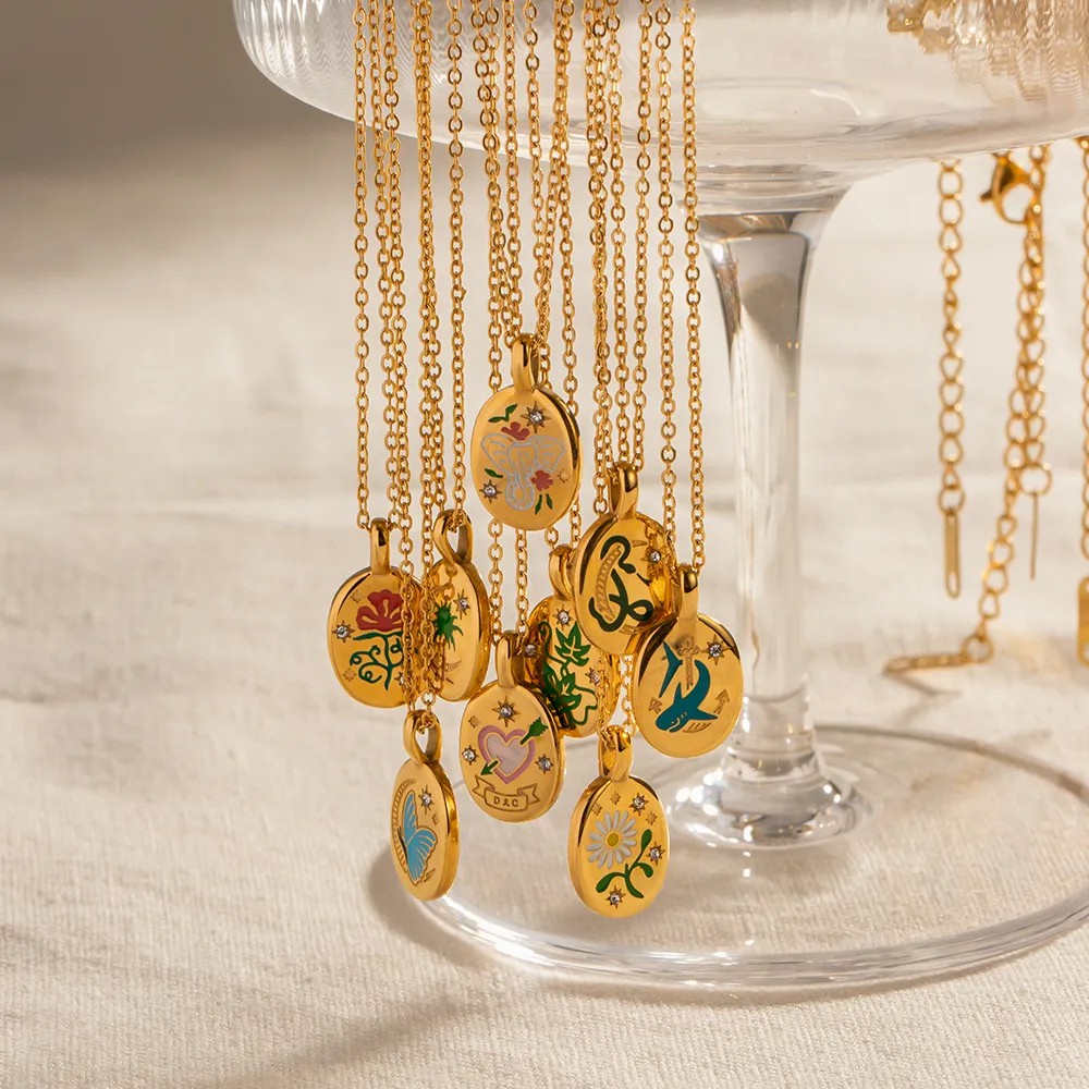 INS Style Coconut Tree Flower Butterfly Stainless Steel Enamel Plating Inlay Rhinestones 18K Gold Plated Pendant Necklace_colorza_7