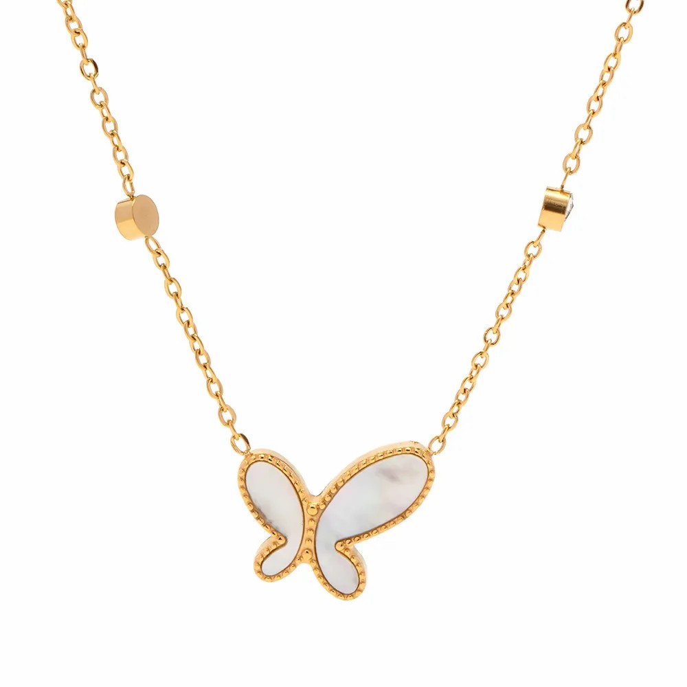 Elegant Butterfly Stainless Steel Inlay Rhinestones Shell 18K Gold Plated Pendant Necklace_colorza_6