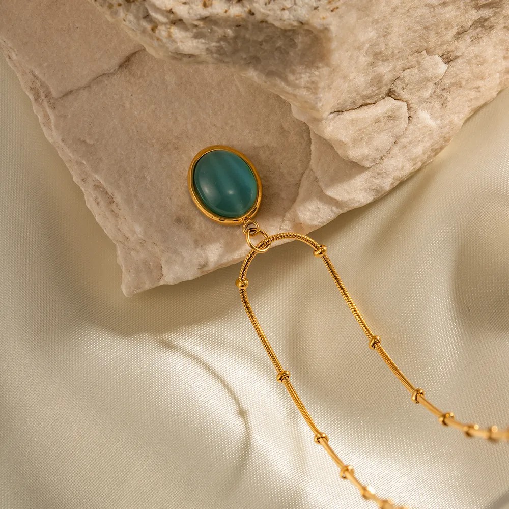 Elegant Round Stainless Steel Inlay Opal 18K Gold Plated Pendant Necklace_colorza_1