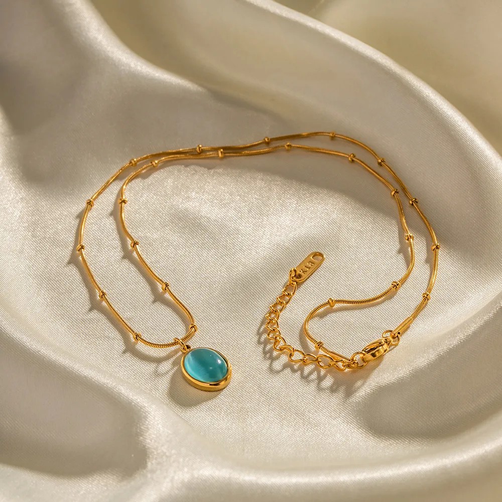Elegant Round Stainless Steel Inlay Opal 18K Gold Plated Pendant Necklace_colorza_2