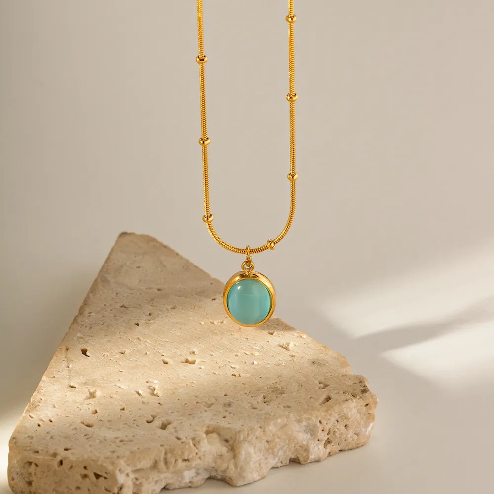 Elegant Round Stainless Steel Inlay Opal 18K Gold Plated Pendant Necklace_colorza_3