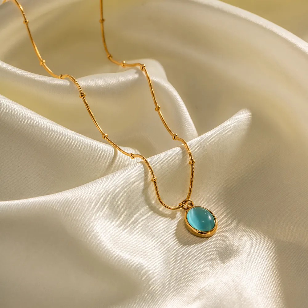 Elegant Round Stainless Steel Inlay Opal 18K Gold Plated Pendant Necklace_colorza_4