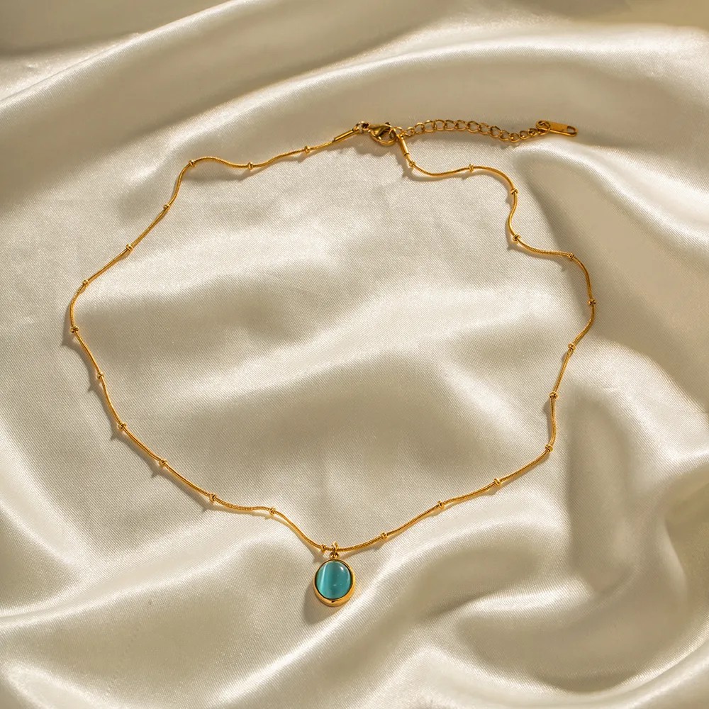 Elegant Round Stainless Steel Inlay Opal 18K Gold Plated Pendant Necklace_colorza_5