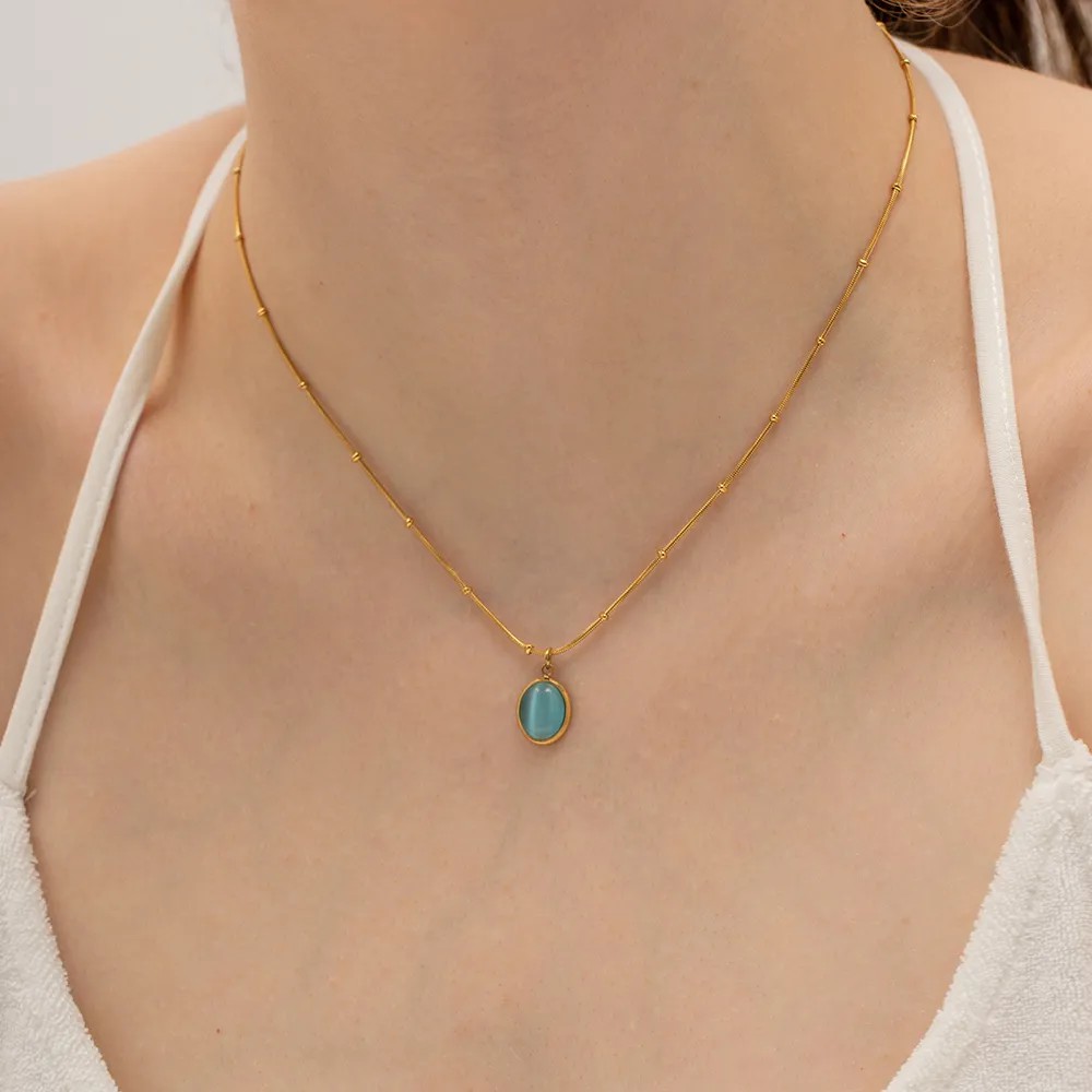 Elegant Round Stainless Steel Inlay Opal 18K Gold Plated Pendant Necklace_colorza_8