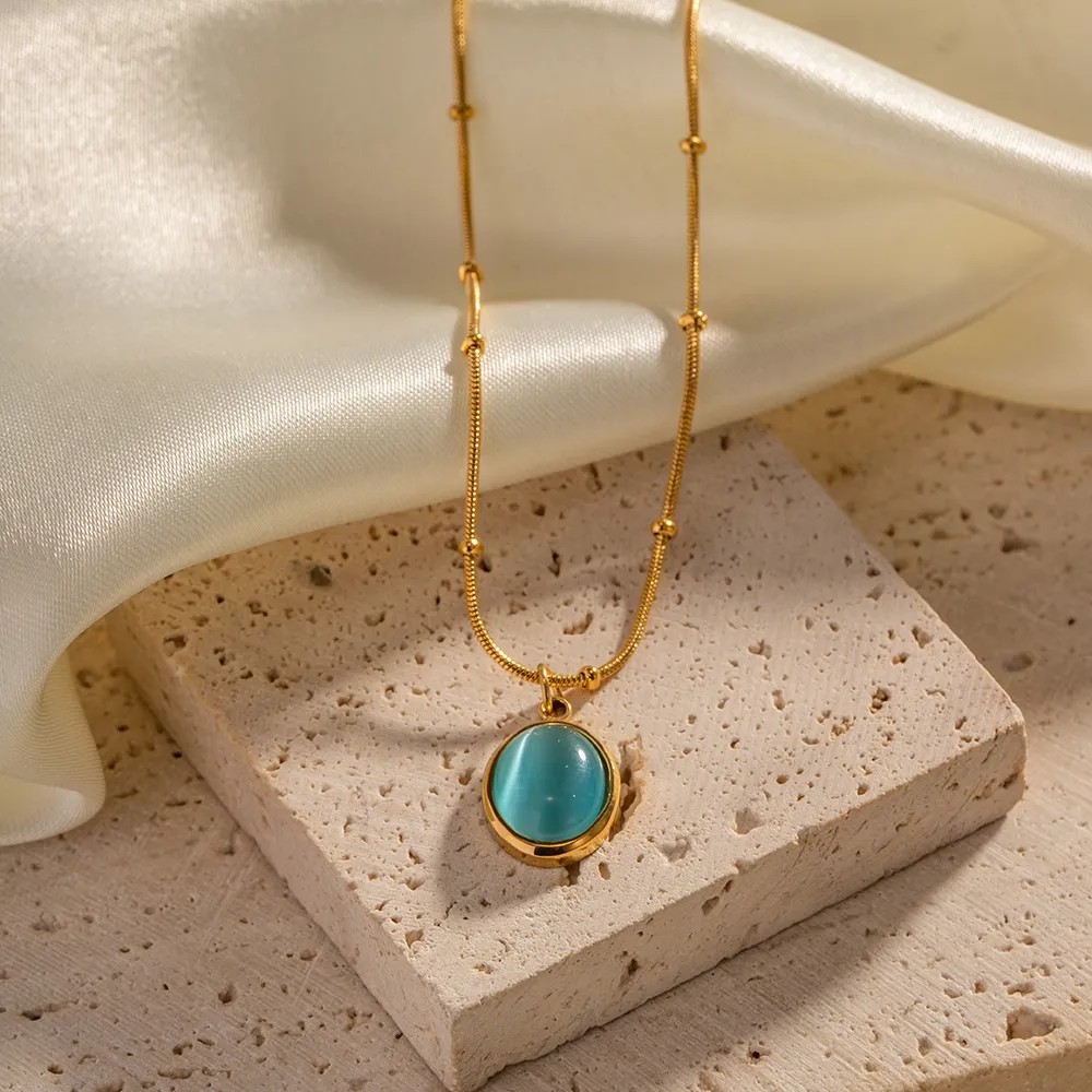 Elegant Round Stainless Steel Inlay Opal 18K Gold Plated Pendant Necklace_colorza_9