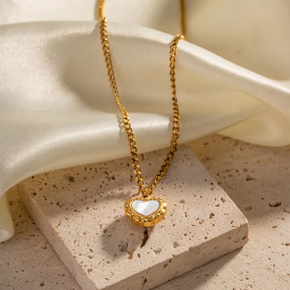 INS Style Heart Shape Stainless Steel Inlay Shell 18K Gold Plated Pendant Necklace_colorza_3