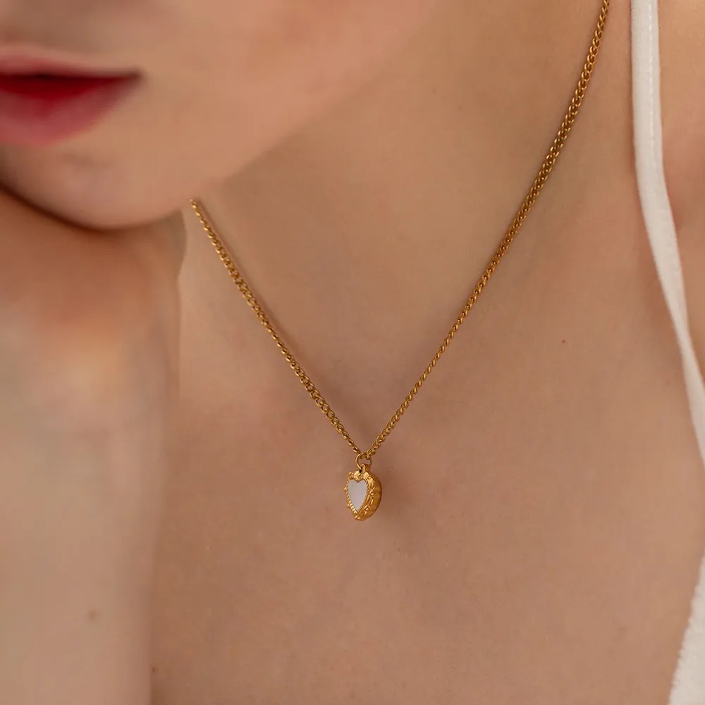 INS Style Heart Shape Stainless Steel Inlay Shell 18K Gold Plated Pendant Necklace_colorza_7