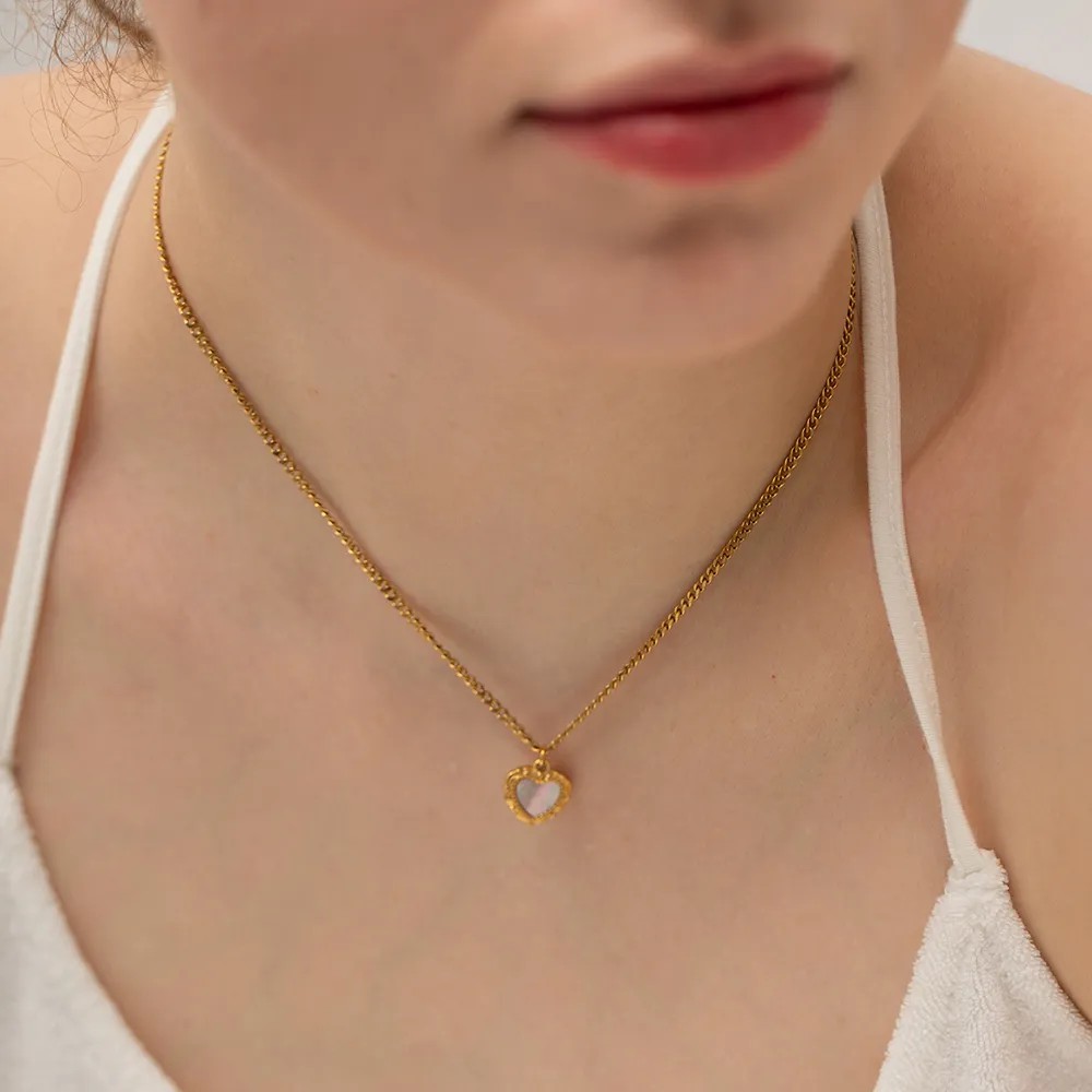 INS Style Heart Shape Stainless Steel Inlay Shell 18K Gold Plated Pendant Necklace_colorza_10