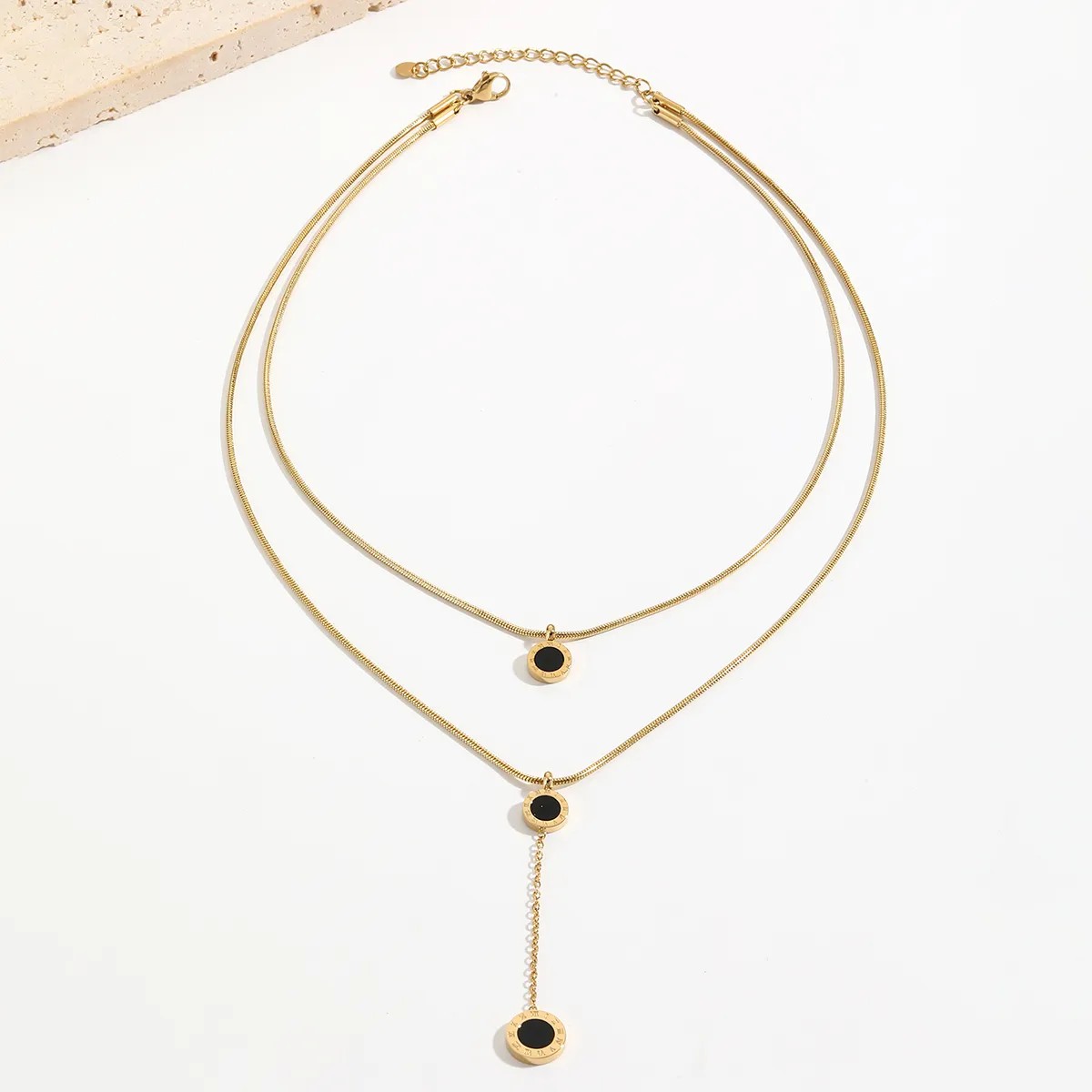 Elegant Round Roman Numerals Stainless Steel Polishing Plating Inlay Acrylic 14K Gold Plated Layered Necklaces_colorza_2