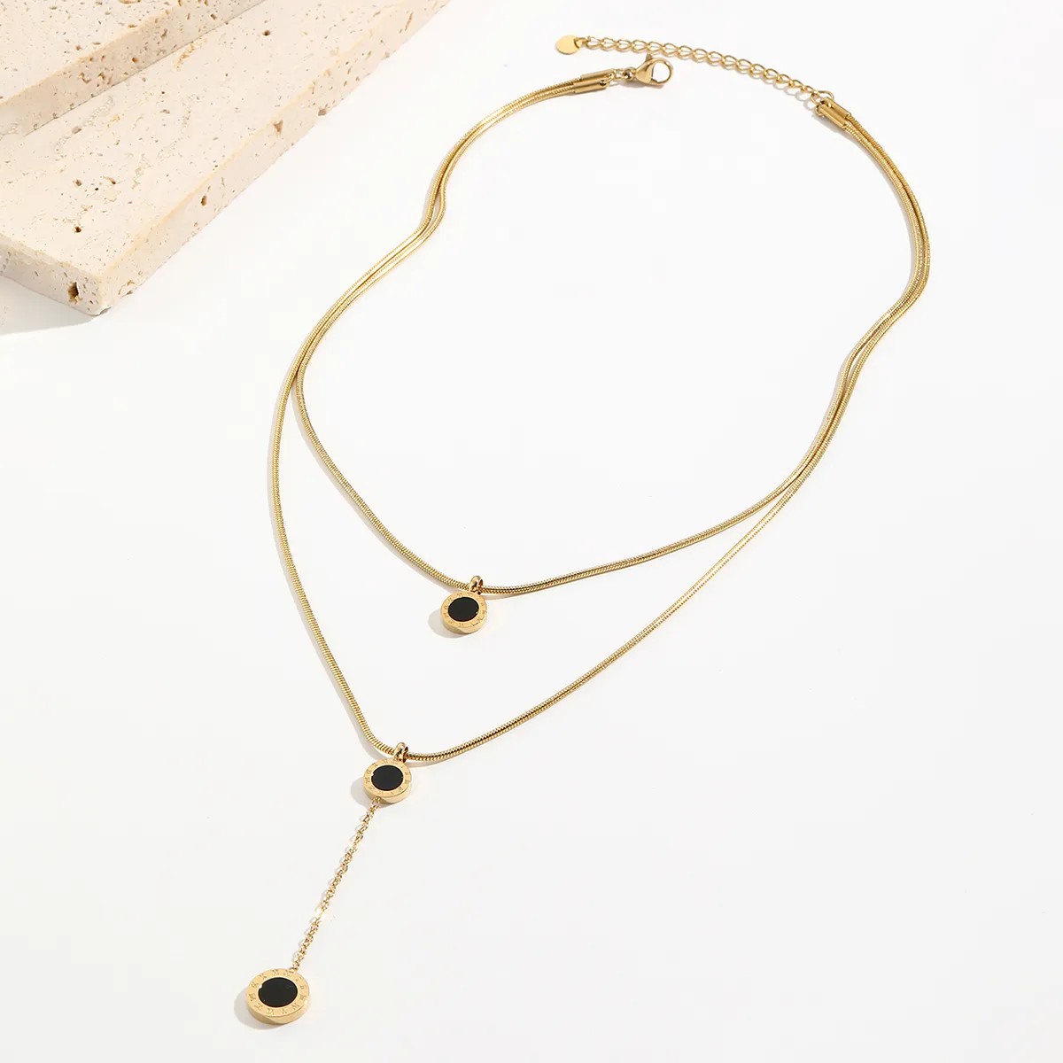Elegant Round Roman Numerals Stainless Steel Polishing Plating Inlay Acrylic 14K Gold Plated Layered Necklaces_colorza_3