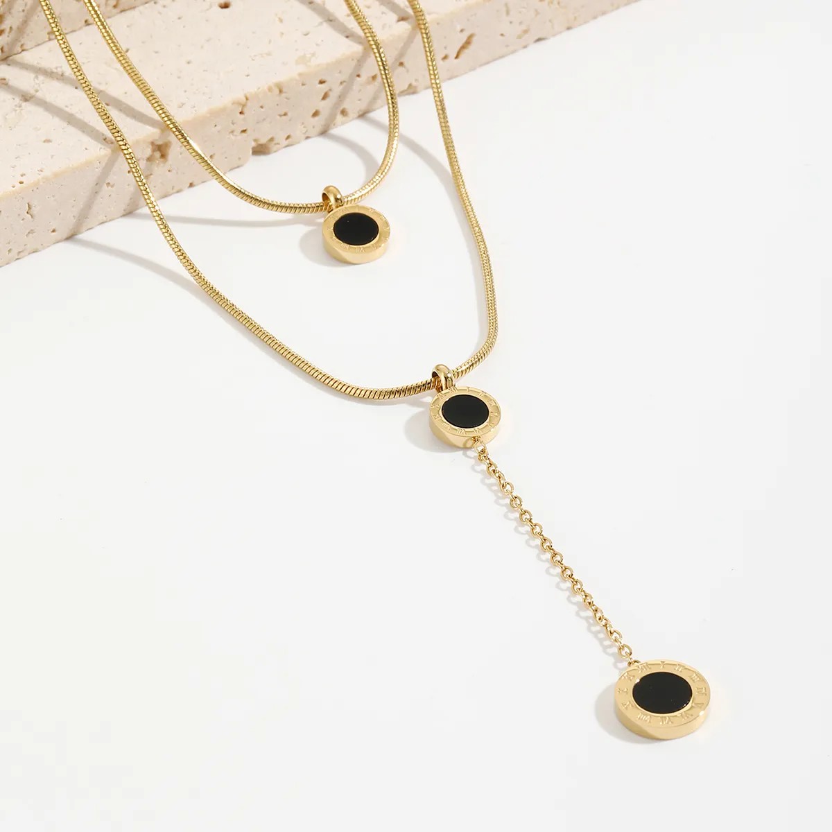 Elegant Round Roman Numerals Stainless Steel Polishing Plating Inlay Acrylic 14K Gold Plated Layered Necklaces_colorza_4