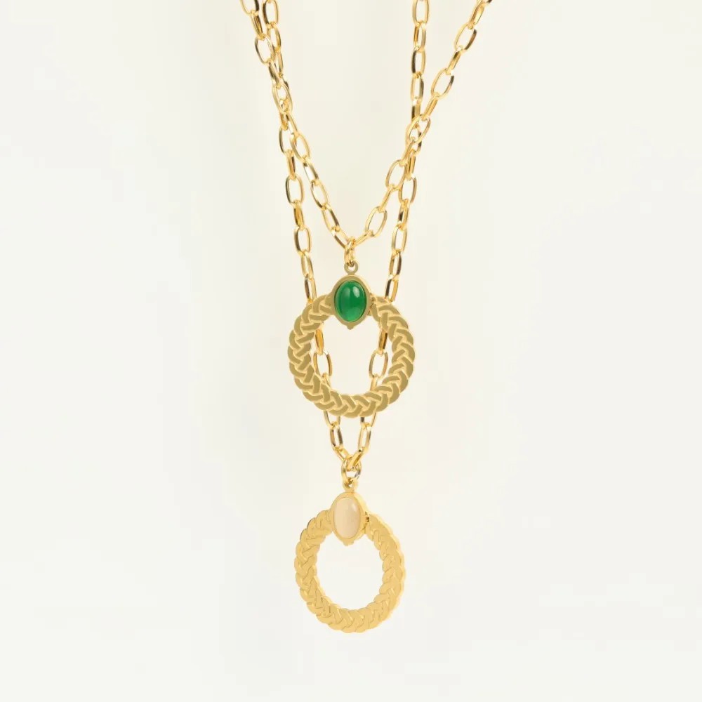 Retro Oval Titanium Steel Plating Inlay Zircon 18K Gold Plated Pendant Necklace_colorza_2