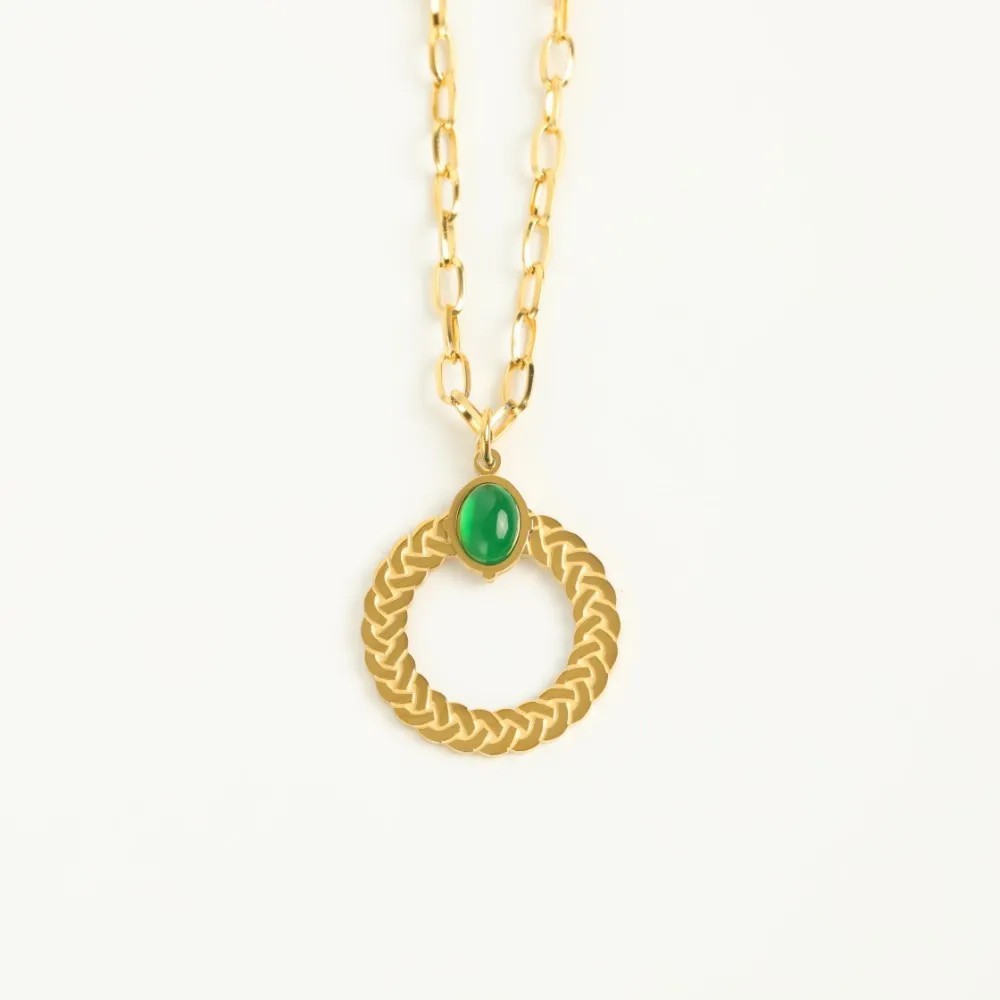 Retro Oval Titanium Steel Plating Inlay Zircon 18K Gold Plated Pendant Necklace_colorza_3