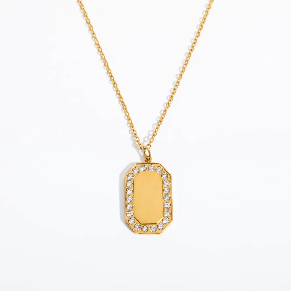 Retro Square Titanium Steel Plating Inlay Rhinestones 18K Gold Plated Pendant Necklace_colorza_1