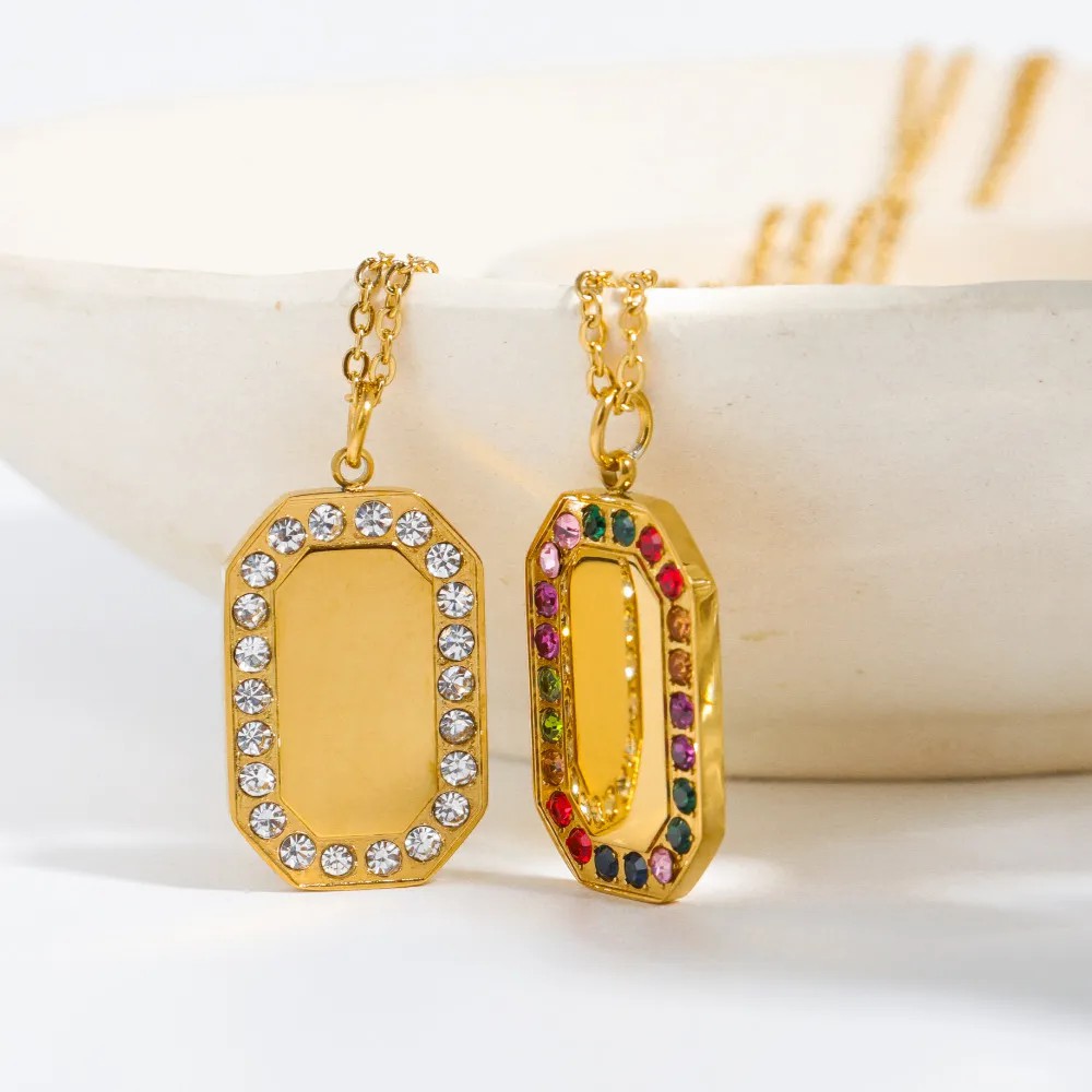 Retro Square Titanium Steel Plating Inlay Rhinestones 18K Gold Plated Pendant Necklace_colorza_3