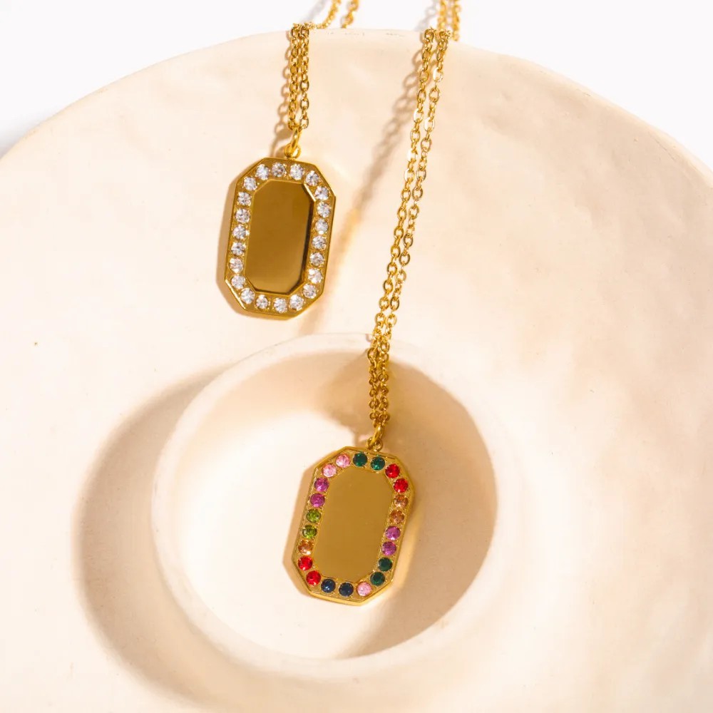 Retro Square Titanium Steel Plating Inlay Rhinestones 18K Gold Plated Pendant Necklace_colorza_4