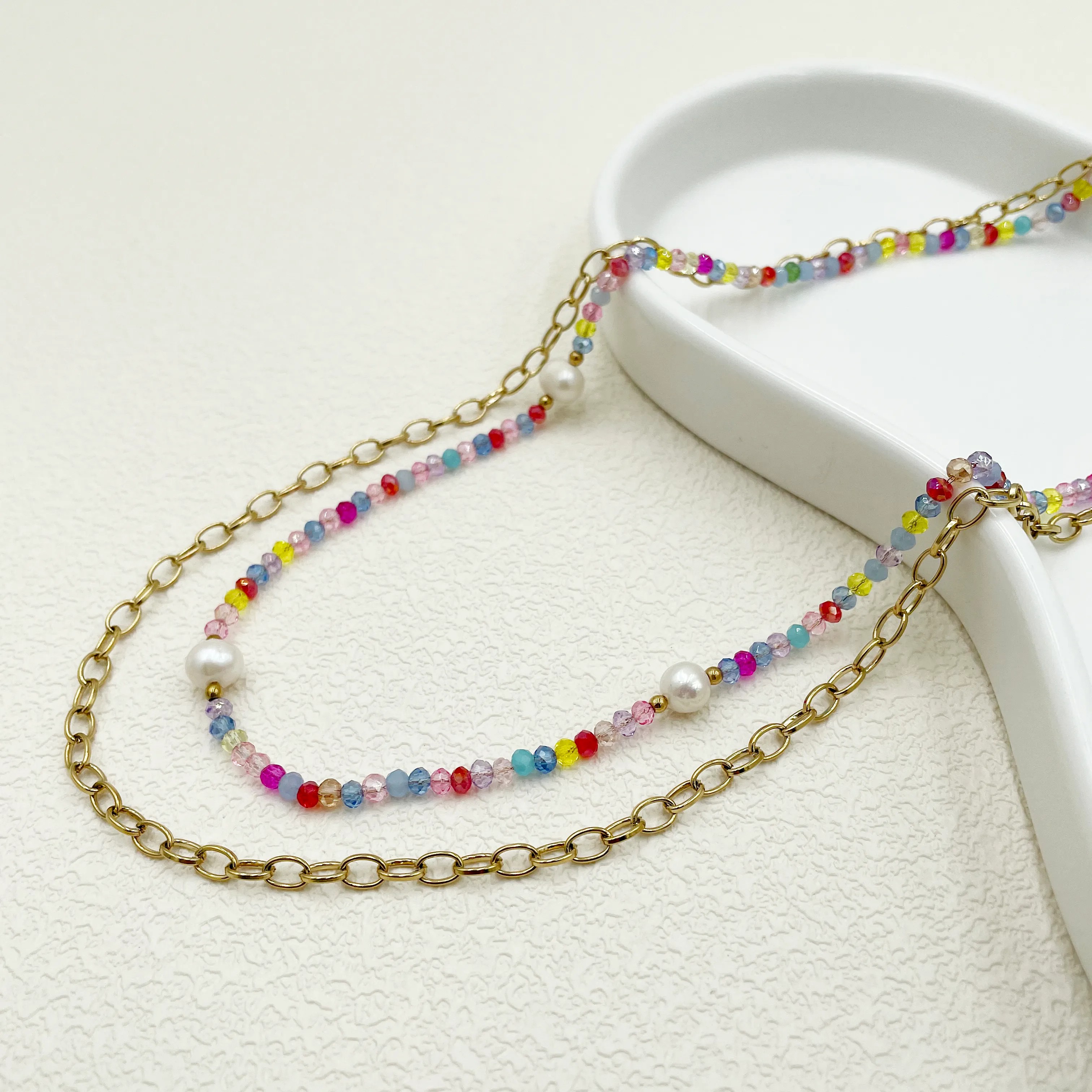 Casual Vacation Sweet Color Block Stainless Steel Beaded Plating 14K Gold Plated Layered Necklaces_colorza_1