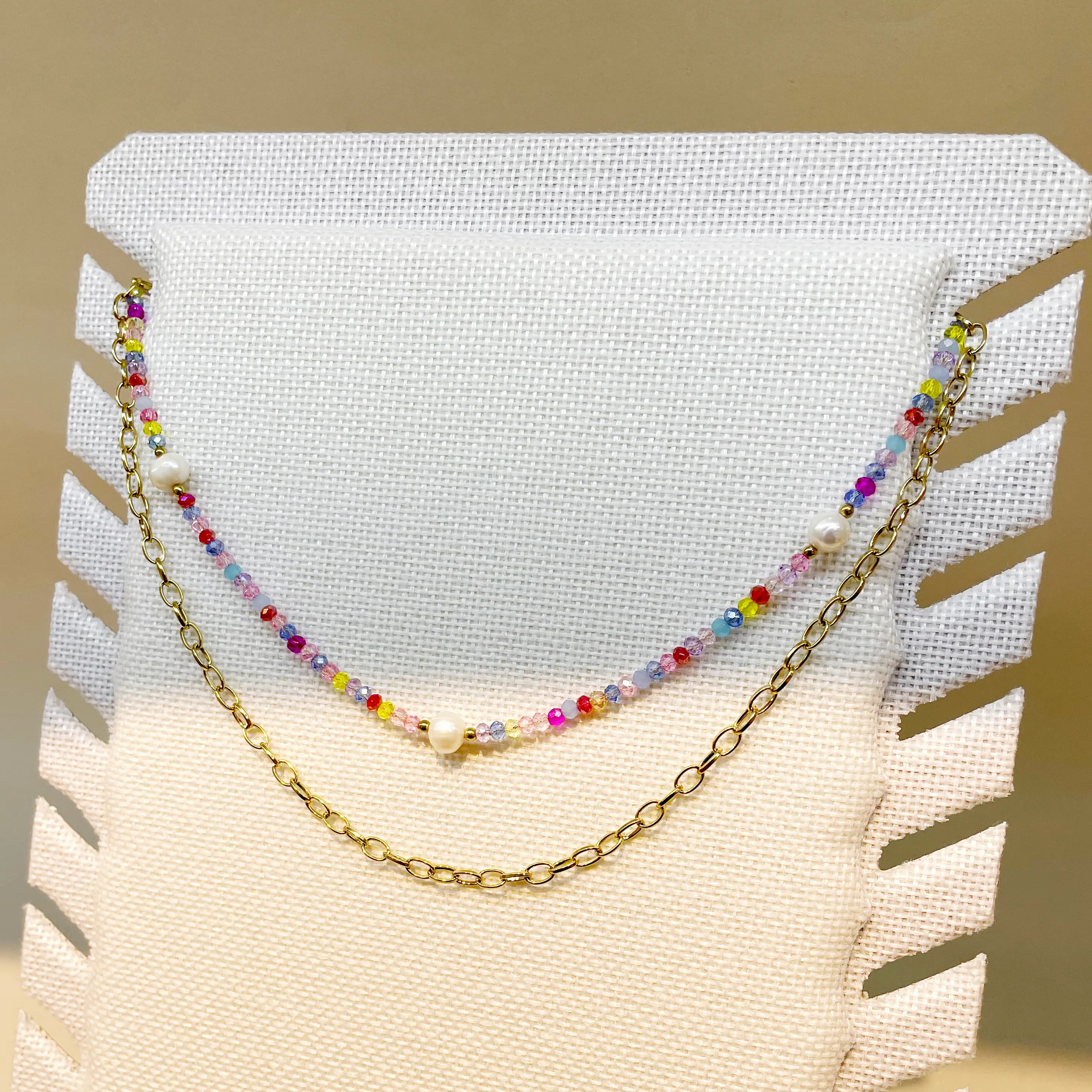Casual Vacation Sweet Color Block Stainless Steel Beaded Plating 14K Gold Plated Layered Necklaces_colorza_3