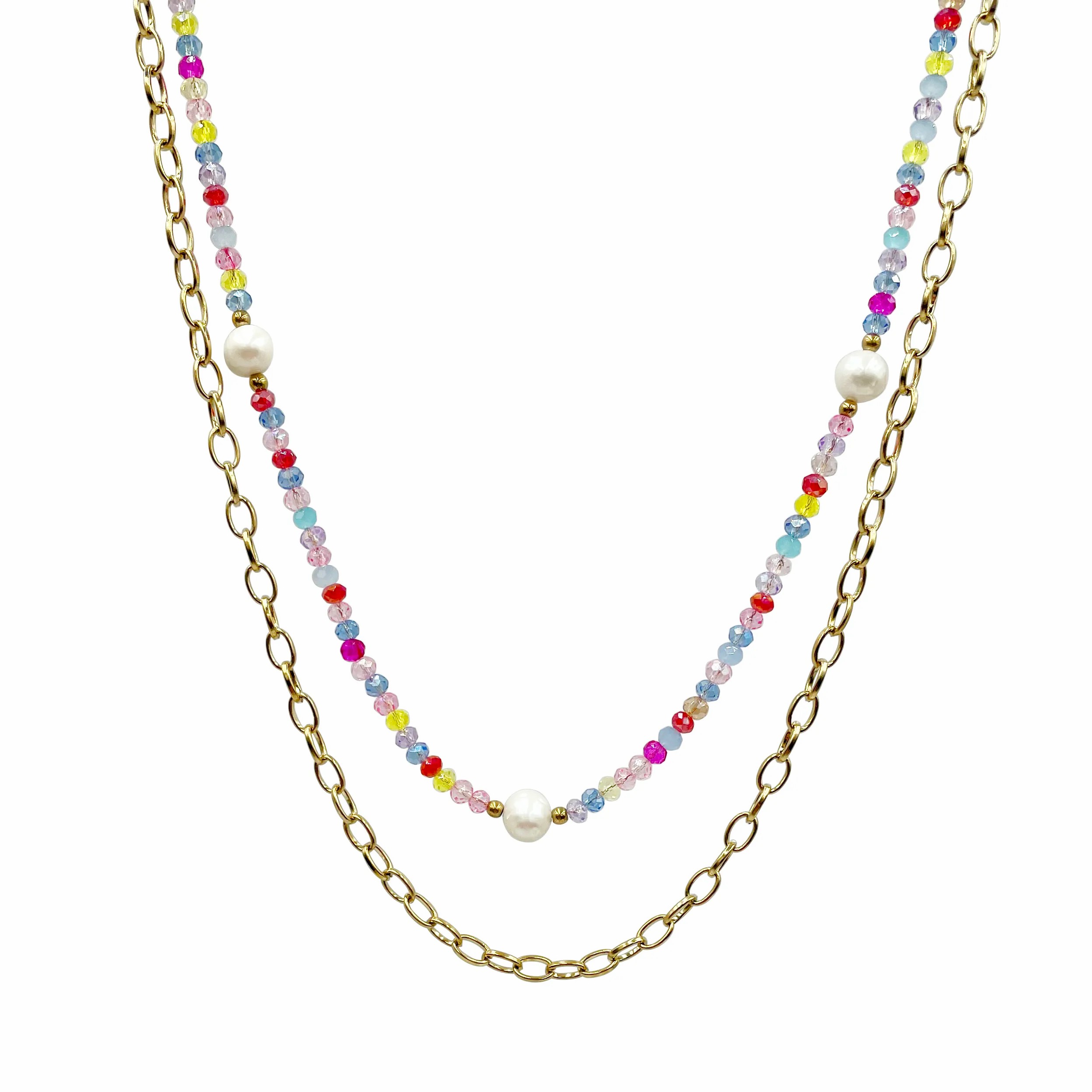 Casual Vacation Sweet Color Block Stainless Steel Beaded Plating 14K Gold Plated Layered Necklaces_colorza_4