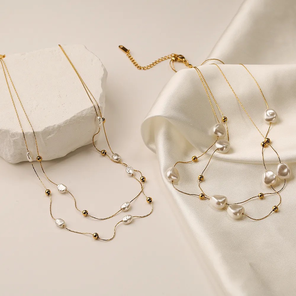 Elegant Irregular Titanium Steel Pearl Plating 18K Gold Plated Layered Necklaces_colorza_2