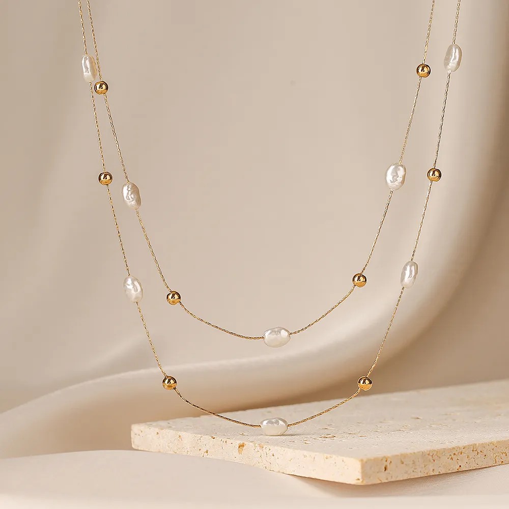 Elegant Irregular Titanium Steel Pearl Plating 18K Gold Plated Layered Necklaces_colorza_3